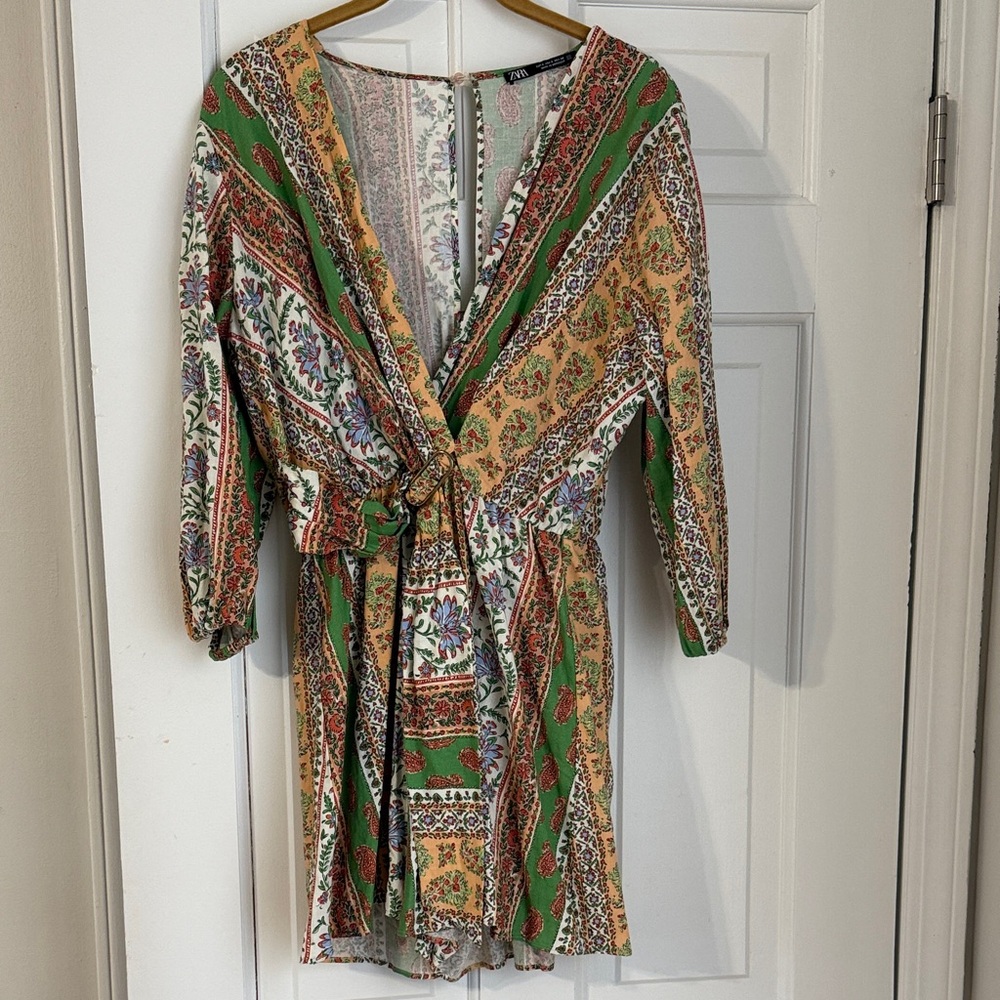 Zara Green, Mustard & White Paisley V-Neck Wrap Romper